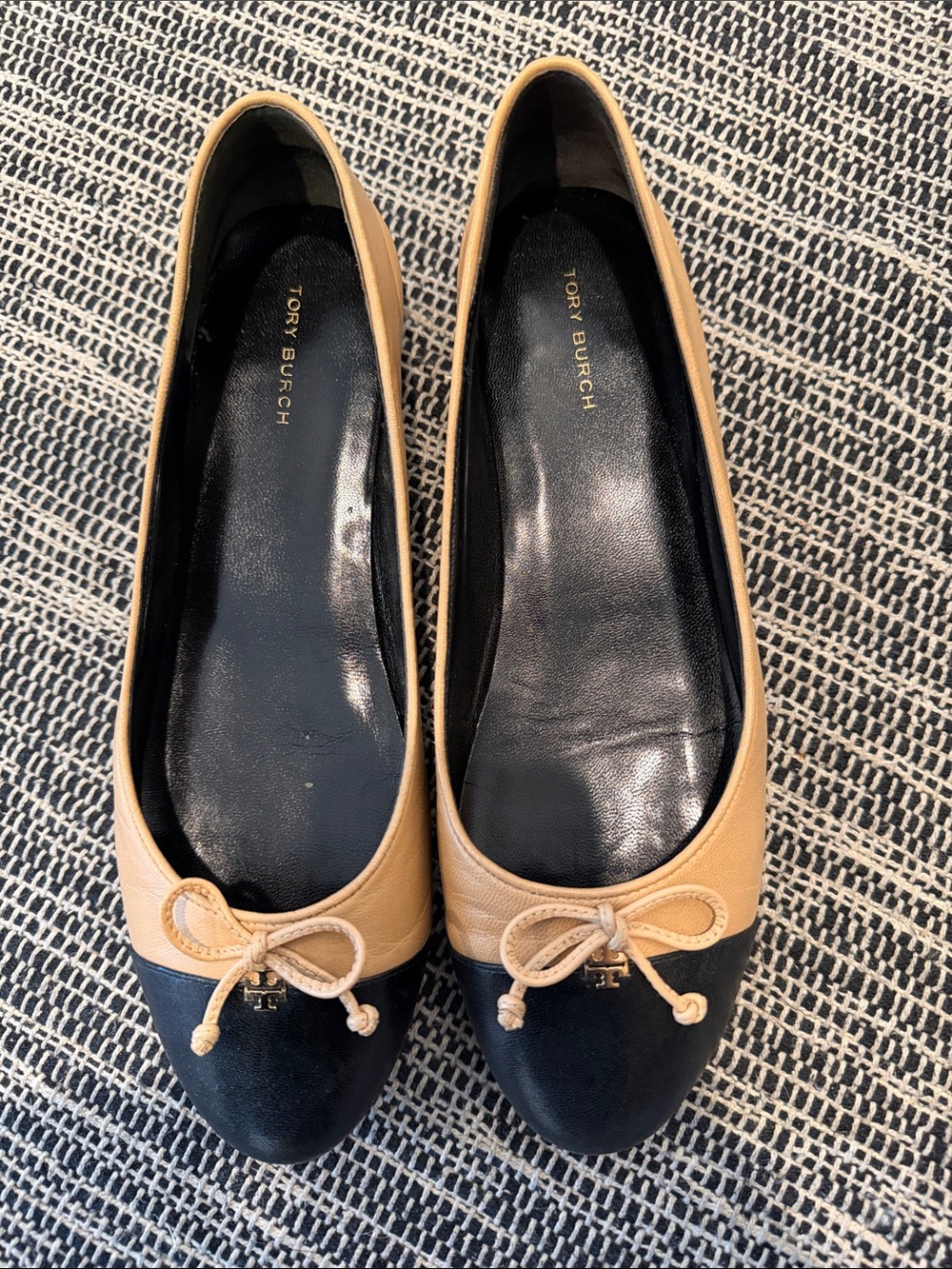 Tory Burch Two-Tone Tan and Black Leather Ballet Flats